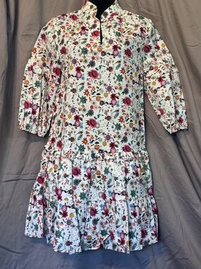 Nicole Miller White Floral Multi Drop Waist 3/4 sleeve Cotton Dress